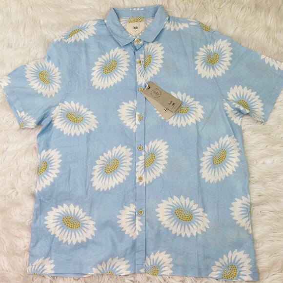 Folk Men's Drake Short Sleeve Shirt Blue Size L  Floral Linen Blend NWT - Picture 8 of 16